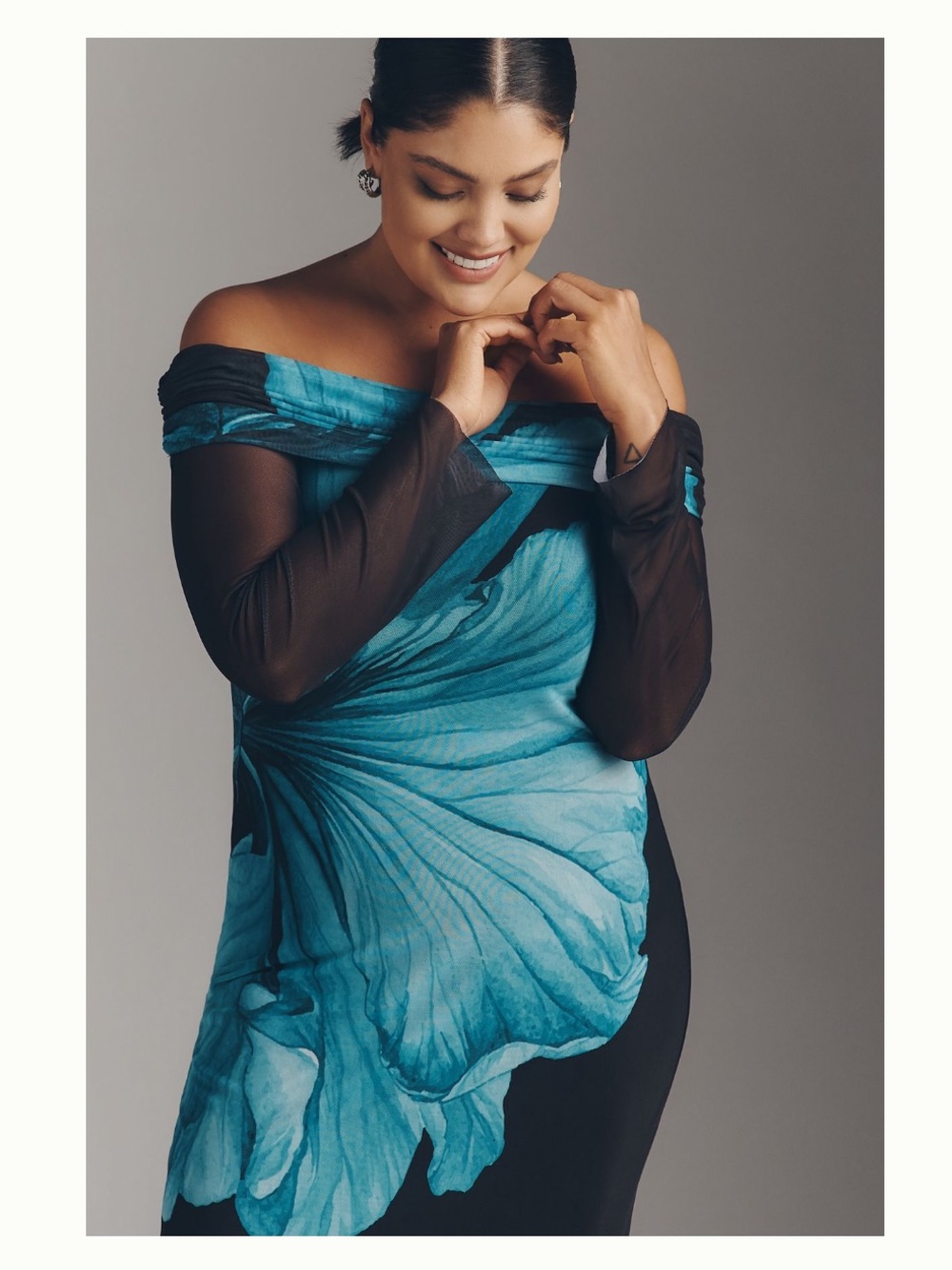 NWT Anthropologie AFRM Long-Sleeve Off-The-Shoulder Teal Flower Mesh Maxi Dress - Picture 6 of 12